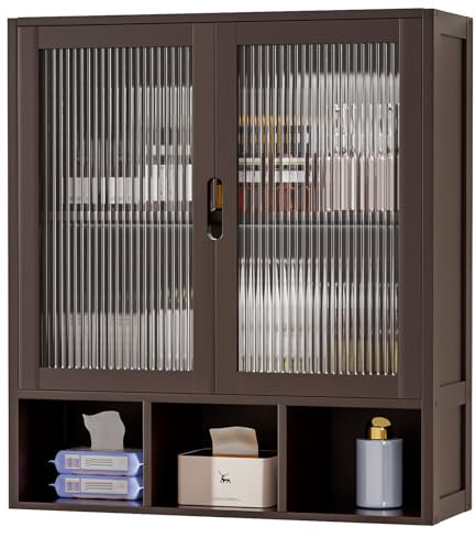 Yorbay Badezimmerschrank Hängend mit 2 Milchglastüren und Offenem Fach, Bambus Medizinschrank für Bad, Platzsparendes Wandschrank Küchenschrank, 22 x 59 x 66 cm (Braun)