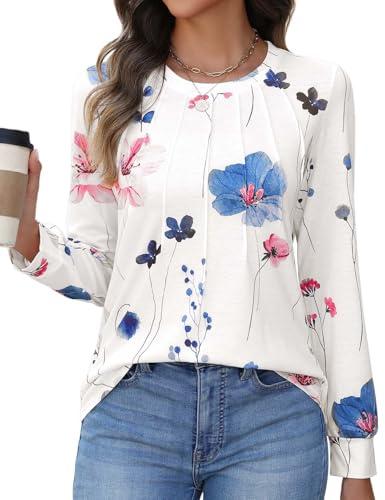 PASUDA Womens Long Sleeve T-Shirts Casual Crew Neck Tops Elegant Pleated Floral Printed Cotton Tshirts Fashion Loose Fit Tunic Blouses Shirts
