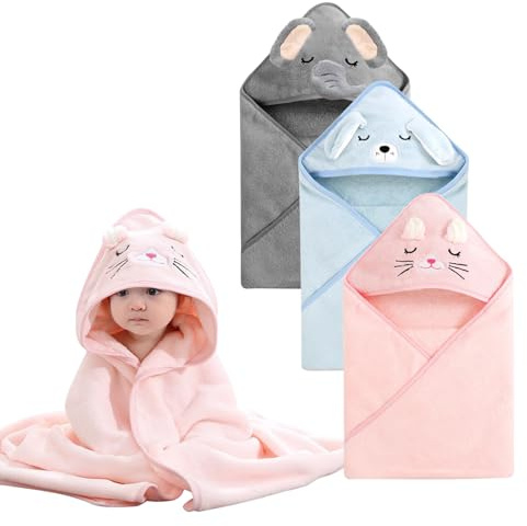 BRTNUP 3 Stücke Kapuzenhandtuch Baby, Baby Handtuch Kapuze 80x80 cm, Babyhandtuch mit Kapuze Korallenhauer Weich und Super Wasserabsaugend, Weiches Tiermuster Handtücher (Blau + Grau + Rosa)