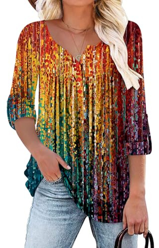 KISSMODA Ladies Pleated Tunic Tops for Women Buttons up Long Sleeve Shirts Floral Print