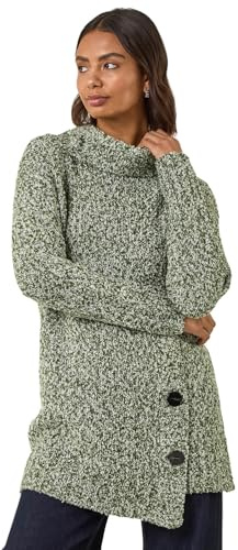 Roman Roll Neck Button Detail Jumper for Women UK - Ladies Autumn Everyday Winter Holiday High Neckline Comfy Long Sleeve Soft Wrap Front Warm Top Daywear Sweaters - Green - Size 12