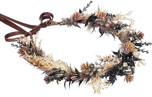 PartyforU Blumenkranz Haare Elfenohren Elfen Feen Kostüm Damen Faschingskostüme Karneval Feen Elfen Blumen Kopfschmuck für Frauen Hochzeit Renaissance Party Geburtstag Braune Blumenkrone Kopfbinde