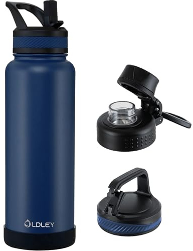 OLDLEY 1.2L Stainless Steel Water Bottle with Straw, Insulated Metal Water Bottles with 3 Lids & Handle, Double Wall Leakproof Large Vacuum Flask Keep Hot and Cold for Gym, Sports, Hiking (Navy Blue)
