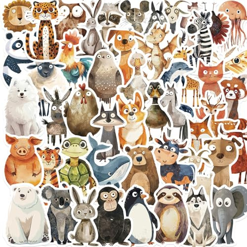 100 Stück Unikate Illustration Tiere Aufkleber, Tier Sticker Set für Kinder, Süße Kinder Tier Sticker, Vinyl Wasserfest & Robust, für Laptop,Wasserflasche,Skateboard,Auto & Mehr