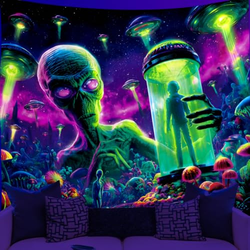 WEBEEDY Schwarzlicht Alien Wandteppich UV Reaktiv Alien Entführung Psychedelischer Wandteppich Schwarzlicht Poster Wandbehang Für Gamer Zimmer Wohnkultur 150x130cm