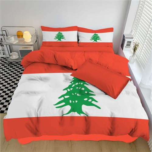 Bettwäsche 135x200cm 2 teilig Bettdeckenbezug - Flagge Der Republik Libanon Bettwäsche Set Patriotismus Wendebettwäsche mit 1 Kissenbezügen Bettbezug, Bügelfrei und Weich, Rot