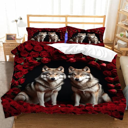 Hongduo 3D Wolfsmotiv Bettwäsche 135x200 cm Weich Mikrofaser Paare Bettwäsche-Sets mit Reißverschluss 3 Teilig Bettbezüge mit 2 Kissenbezug 80x80 cm