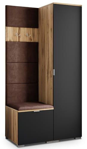 Masseno Flugarderoben Set Lori, Kleiderschrank-Set mit Sitzbank, Garderobenschrank Flur mit 3 Regalböden, Eiche Wotan/Schwarz