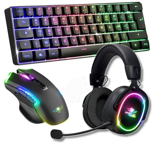 Spirit Of Gamer, Pack Clavier Souris + Casque sans Fil RGB, Clavier TKL 60% Touches Silencieuses Azerty, Souris 8 Boutons Programmables 4800 DPI avec Repose Pouce, Casque Gaming avec Micro Détachable