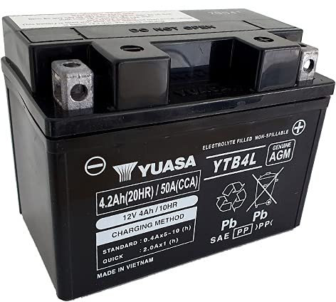 Batterie YUASA YTB4L / YB4L-B (WC) AGM geschlossen, 12V|4Ah|CCA:50A (121x71x93mm) für Peugeot TKR 50 Baujahr 2004