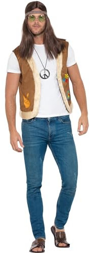 Smiffys Hippie-Weste, Unisex, Braun, mit CND-Aufdruck & Pelzbesatz Halloween