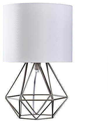 MiniSun | Modern Brushed Chrome Basket Table Lamp with a White Fabric Shade | Table Lamps, Home Décor & Improvement Essential | Includes 4W Bulb [3000K Warm White]
