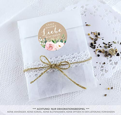 BLÜTEN SAMEN TÜTEN SET 24 Sticker LASST UNSERE LIEBE WACHSEN KRAFTPAPIER LOOK BOHO WEIß ROSEN ZWEIGE ROSA GRÜN Ø 4cm matt + 24 Flachbeutel weiß 130 x 95 + 16 mm • Hochzeit Taufe Gastgeschenk Deko