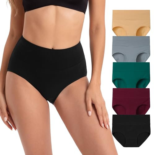 INNERSY Womens Knickers High Waisted Cotton Underwear Ladies Briefs Big Lady Under Pants 5 Pack (12, Early Winter)