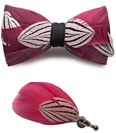 JEMYGINS Noeud Papillon Homme blanc rose en Plume en Plumes Fait Main et Broche Ensemble Compris boîte