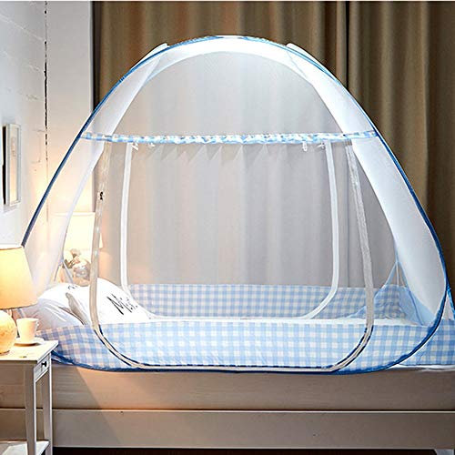 Homieco Pop-Up Moskitonetz Bett Baldachin Einzeltür Faltbare Insektenschutzzelt Anti-Moskitonetze für Betten Schlafzimmer freie Installation (Hellblau 1, 150 x 200 x 150cm)