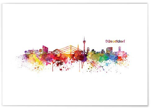 JUNIWORDS Poster mit/ohne Holzrahmen, Wähle ein Motiv, Aquarell Skyline Düsseldorf, Wähle eine Größe, 21 x 30 cm (S) ohne Rahmen