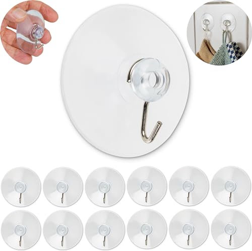 Saugnapf Haken, 12 Stück, mit Ø 55 mm Sauger und Metallhaken, Transparent, Mehrzweckhaken für Bad, Küche, Wandfliesen, Fenster, Spiegel, Saughaken Set, universal Wandhaken, Haftsauger, Handtuchhaken