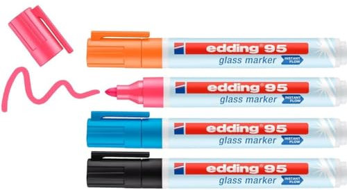 edding 95 marcador para cristal - multicolor - 4 rotuladores borrable para vidrio - punta redondeada 1,5-3 mm - para escribir y marcar en ventanas y pizarras de cristal - borrado en seco