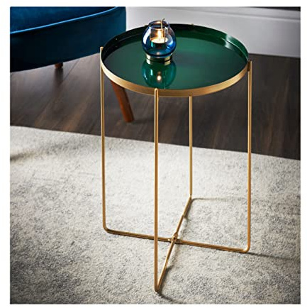 spot on dealz® Round Side End Table Removable Dark Green coloured Tray With Gold legs narrow bedside console table decorative occasional living room furniture