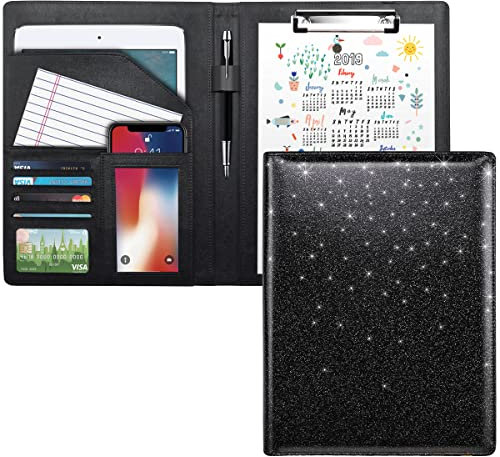 WAVEYU Étui portefeuille à paillettes pour femme, Classeur Organiseur de documents juridiques avec porte-bloc rigide et porte-cartes de visite, format lettre/A4, noir