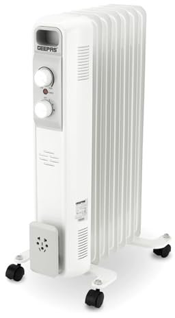 Geepas Oil Filled Radiator Heater, 1500W | Energy Efficient Electric Heater, 3 Power Settings(600/900/1500W), Adjustable Temperature & Low Running Cost | 2 Year Warranty, 7 Fins, White