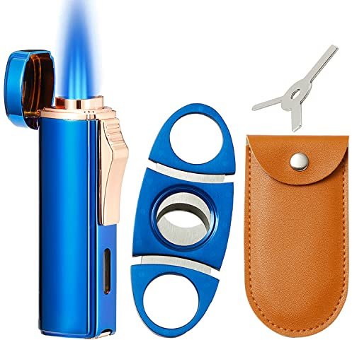 420 Carbon Steel Jet Lighter and Cutter Set, Built-in Punch, Triple Jet Flame Gas Lighter, Refillable Butane Torch Lighters, Blue(Sold Without Gas)