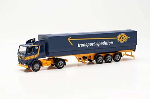 Herpa LKW Modell Scania 142 Planen-Sattelzug ASG, originalgetreu im Maßstab 1:87, Modell LKW für Diorama, Modellbau Sammlerstück, Made in Germany, Deko, Miniaturmodell aus Kunststoff