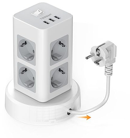 TESSAN Tour Multiprise avec Câble Télescopique, Bloc Electrique avec 8 Sortie AC et 3 Ports USB, Prise Multiple 2500W avec Interrupteur et Rallonge Electrique 2M, pour Bureau et Maison, Gris