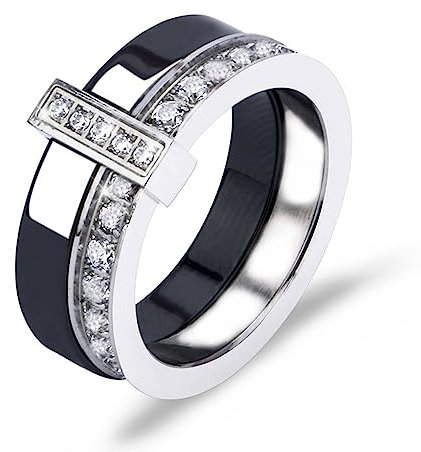 MIATCENRT Kristall-Keramikringe Für Damen – Schwarzer Keramikring Mit Einer Reihe Aus Australischem Zirkon, Zwei Schichten, Dünne Verlobungsringe Für Damen, Schmuck, Geschenk, Schwarz, 6