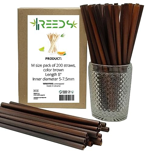 Reed Drinking Straws, Ecological, Biodegradable, 100% Plant-based, Dark Chocolate Color, Great for Smoothies, Milkshakes, Frozen & Signature Cocktail, Hot Tea and Coffee, 200 ct. Tall 8 inch, Medium