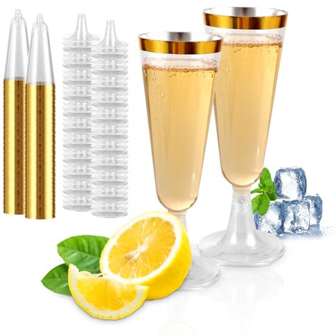 CYEER 50 Stück Gold Sektgläser Plastik, 160ML Sektgläser Plastik mit Goldrand, Klare Sektgläser Einweg Stapelbare für Hochzeiten, Geburtstage, Outdoor-Aktivität, Partys, Abschlussball & Weihnachten