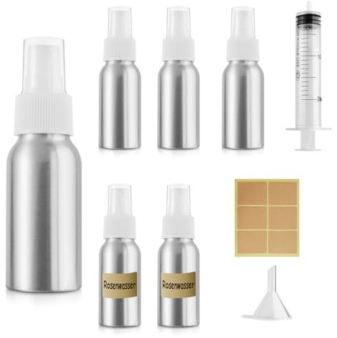 Furuising 5PCS Aluminum Spray Bottles, 30ML Fine Mist Spray Bottle, Refillable Small Spray Bottle, Empty Travel Atomiser Containers with 20ml Syringe Funnel for Travel Toner Face Spray Cleaning