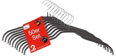 MAWA Kleiderbügel, Set mit 50 platzsparenden und rutschfesten Bügeln, ideal für Hemden und Blusen, mit 360°drehbarem Haken, Antirutschbeschichtung, 41 cm, Schwarz