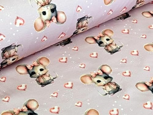 Eigenproduktion Baumwolljersey Mäuschen mit viel Herz Hellrosa Stoff Meterware Kleiderstoff
