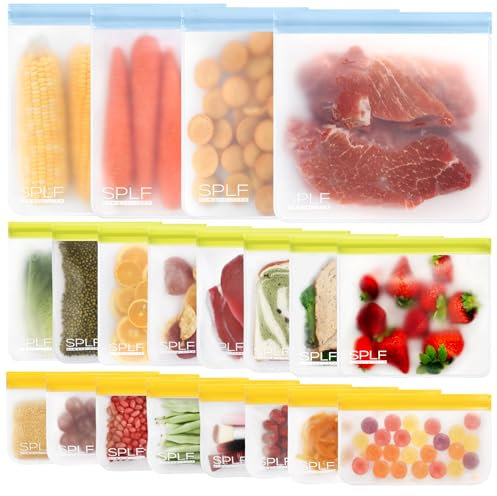 SPLF 20 Pack BPA FREE Reusable Freezer Bags Dishwasher Safe, Reusable Ziplock Bags(4 Gallon + 8 Sandwich + 8 Snack), Leakproof Silicone and Plastic Free for Food Lunch Travel Item