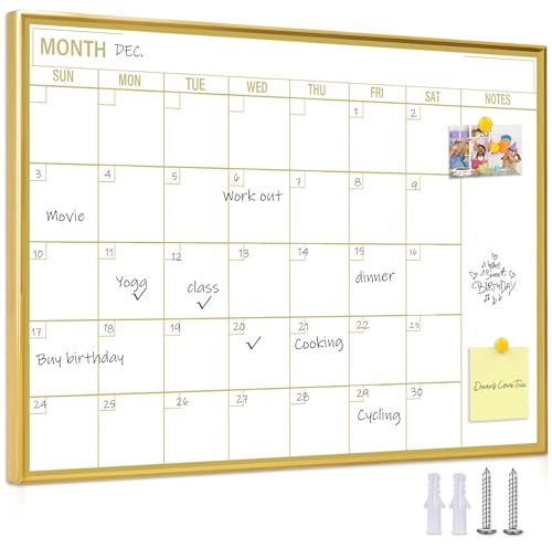 Marribol Golden Monatskalender, trocken abwischbar, Whiteboard für Wand, 30,5 x 40,6 cm, tragbarer Aluminiumrahmen, magnetischer Kalender, Whiteboard, Wandplaner, trocken abwischbare Tafel für Büro