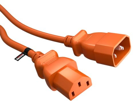 rhinocables IEC Kettle Lead Extension – 2m Orange Cord with C13 to C14 Connectors | PC Power Cable for Monitors, Computers, Printers & More | Durable Connector Lead for Plug, Home & Office Use