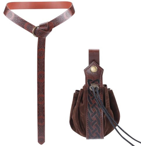 GORGECRAFT Mittelalterliches Wikinger-Gürteltaschen-Set Renaissance-Kunstleder-O-Ring-Gürtel Retro-Nordischem Keltischem Knoten Kordelzug Würfeltasche Kostümzubehör Halloween Cosplay Kokosnuss Braun