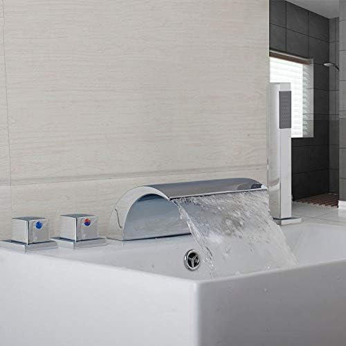 Set Doccia a Cascata da 5 Pezzi con Montaggio su Ponte, Vasca da Bagno, Rubinetto per Doccia, Tre Maniglie, con miscelatori per Vasca, Finitura cromata