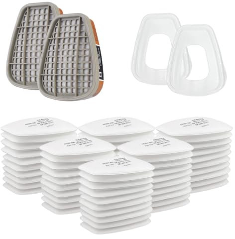 6001 Filter für Atemschutzmaske, für 3M Filter mit 60 Stück Filterpatronen + 2 Filter und 2 Abdeckkappen, Organic Vapor 6001 Patronen Chemischer Farbfilter Kompatibel mit 6200, 6800, 6502 usw.