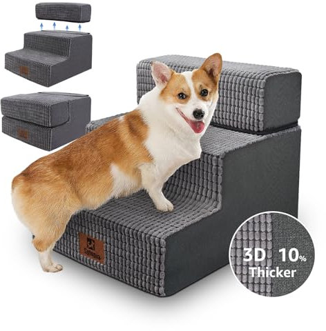 Pet Stairs Ramp for High Beds and Couch, Steps for Dogs to Get on Bed, 3 Step Foldable Stairs for Large/Medium/Small Dogs and Old Cats, Non-Slip and Firm Foam and Washable Cover by Sytopia, Grey