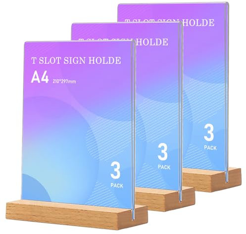 BYZESTY 3 Stück Acryl Tischaufsteller A4, Transparenter Display Rack mit Holzfuß, T-Ständer für Werbeaufsteller, Acrylplakat Menü Rack für Restaurants, Büro, Hotels