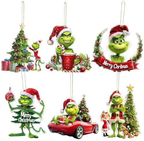 Joyoldelf Grinch Christmas Decorations - 6Pcs Christmas Ornaments Grinch Pendants for Hanging on Xmas Tree, Christmas Tree Decorations Indoor Home Party Gifts