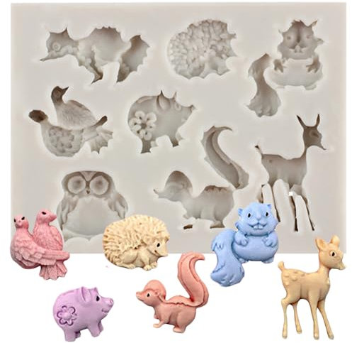 MINFEIDMS Moules à fondant avec animaux de la forêt, chouette, faon, écureuil, hérisson, moules en silicone, moule à chocolat, pour décorer des gâteaux, des cupcakes, des fleurs, des bonbons, argile
