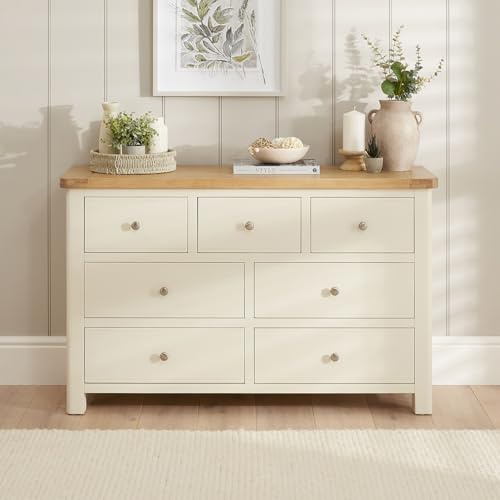 The Furniture Market Marbury Cream | Painted Three Over Four Drawer Chest | Storage Unit | Whitewashed Oak Top | Cup & Knob Handles | Fully Assembled | H 780mm x W 1250mm x D 400mm