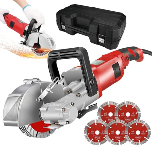 SAIYERUS Rainureuse Murale 7500Tr/Min Mur Chaser Machine à Découper Rainure Coupe-Béton Découpeuse de Cannelure de Mur Rainure Profondeur 0-37mm avec 5 Lames de Scie, Pompe à Eau, Tuyau d'eau,Red
