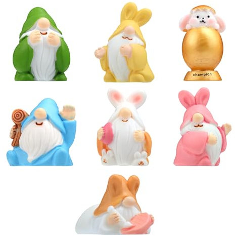 7pcs Mini Nains Pâques, Résine Qualité Supérieure Petits Nains de Jardin Miniatures Ornements Petites Statues Nains Accessoires Cadeaux Pâques et Décoration Gâteau Maison Fée Micro Paysage