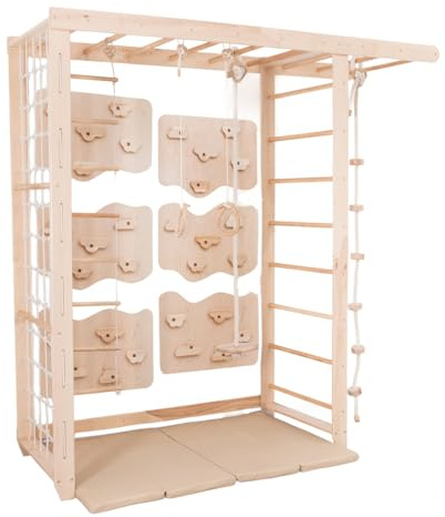 Wood And Hearts sprossenwand, kletterwand kinderzimmer, turnringe, sprossenwand kinderzimmer, Indoor Spielplatz, kletterwand, strickleiter, turnringe Holz, spielturm (6 Platten Naturholz)