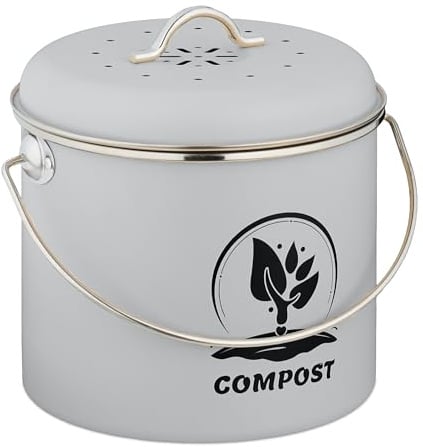 Relaxdays Komposteimer Küche, 3,5 Liter, 2 Aktivkohlefilter, mit Deckel, Henkel, Eisen, runder Biomüllbehälter, grau